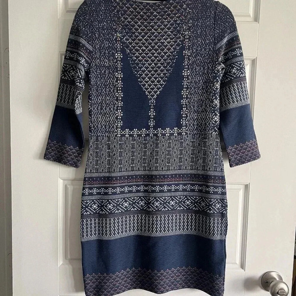 BCBGMAXAZRIA XXSmall‎ “Beth” Boho Knit Jaquard Bodycon Dress in Blue Multi - Picture 5 of 7